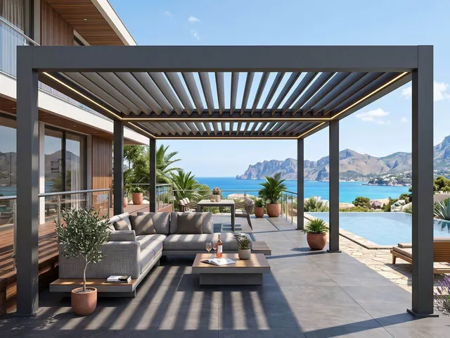 Hareketli lamel çatılı bioklimatik pergola, havuz ve deniz manzaralı teras uygulaması
