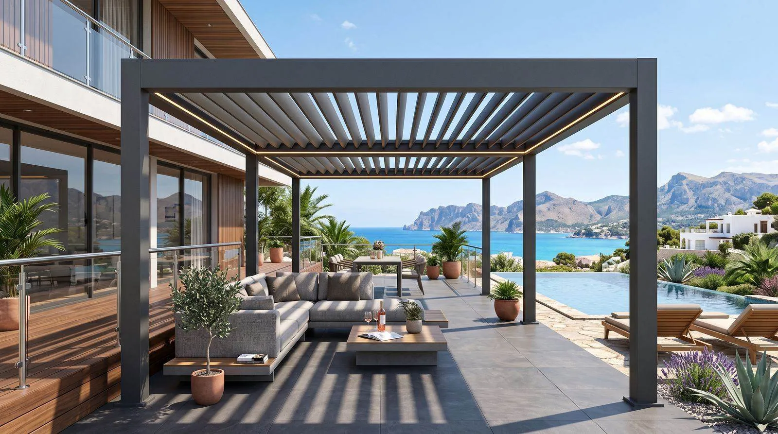 Hareketli lamel çatılı bioklimatik pergola, havuz ve deniz manzaralı teras uygulaması