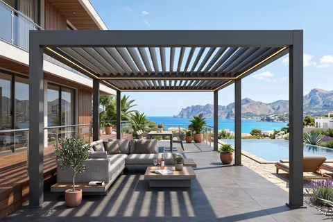 Hareketli lamel çatılı bioklimatik pergola, havuz ve deniz manzaralı teras uygulaması