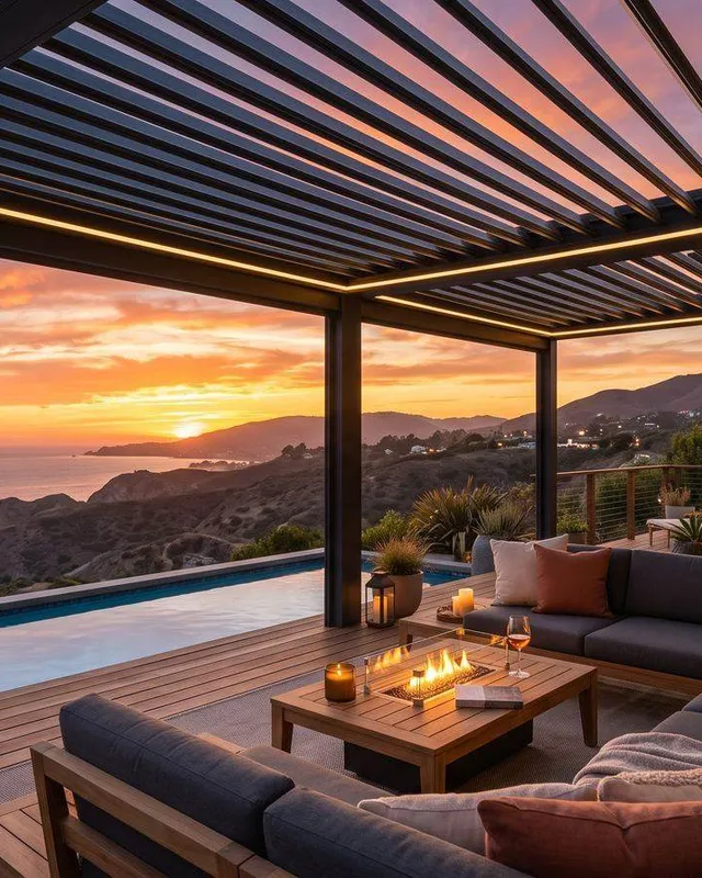 Hareketli lamel çatılı bioklimatik pergola, teras uygulaması