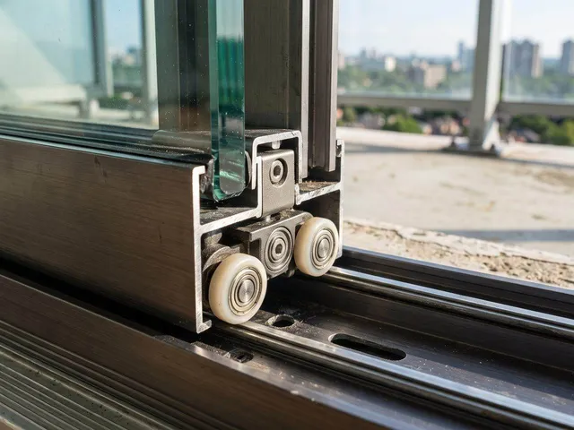 Sürme cam balkon sisteminin ray ve makara mekanizması yakın plan detayı