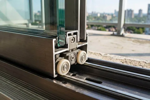 Sürme cam balkon sisteminin ray ve makara mekanizması yakın plan detayı