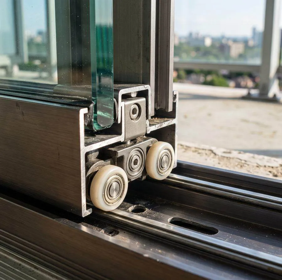 Sürme cam balkon sisteminin ray ve makara mekanizması yakın plan detayı