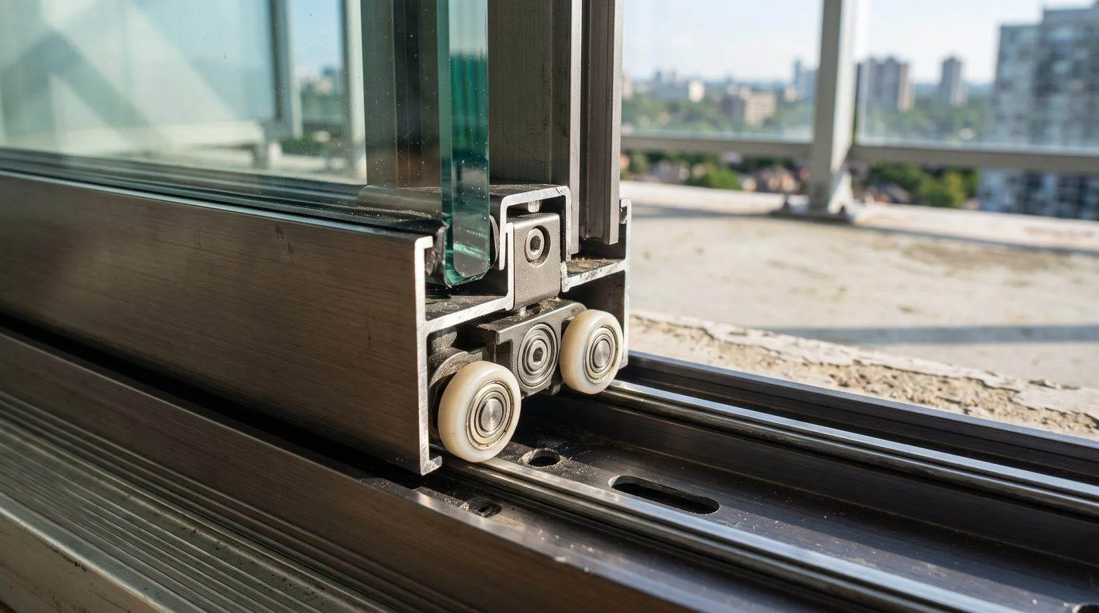 Sürme cam balkon sisteminin ray ve makara mekanizması yakın plan detayı