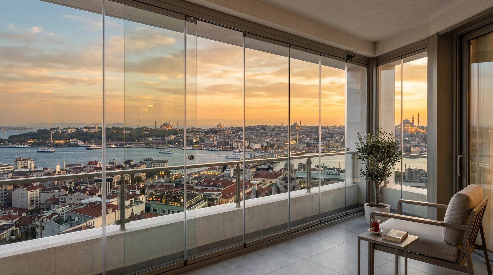 İstanbul Boğazı manzaralı, gün batımında sürme cam balkon sistemi uygulaması