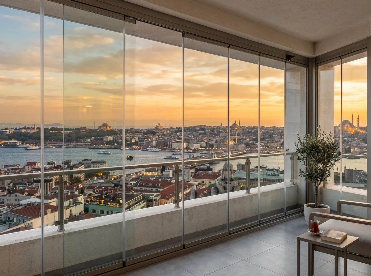 İstanbul Boğazı manzaralı, gün batımında sürme cam balkon sistemi uygulaması