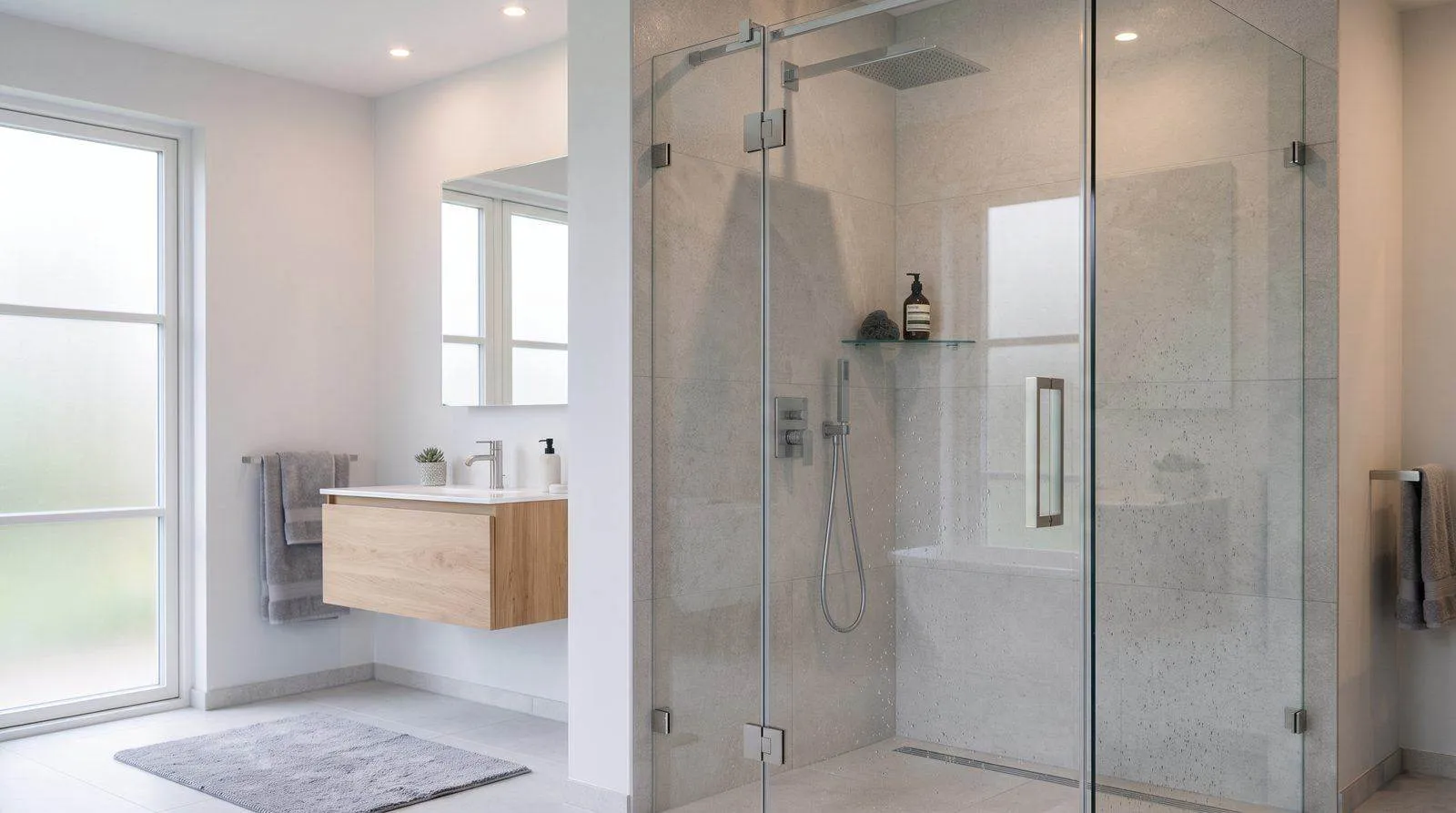 Modern banyoda cam duşakabin sistemi, frameless panel uygulaması