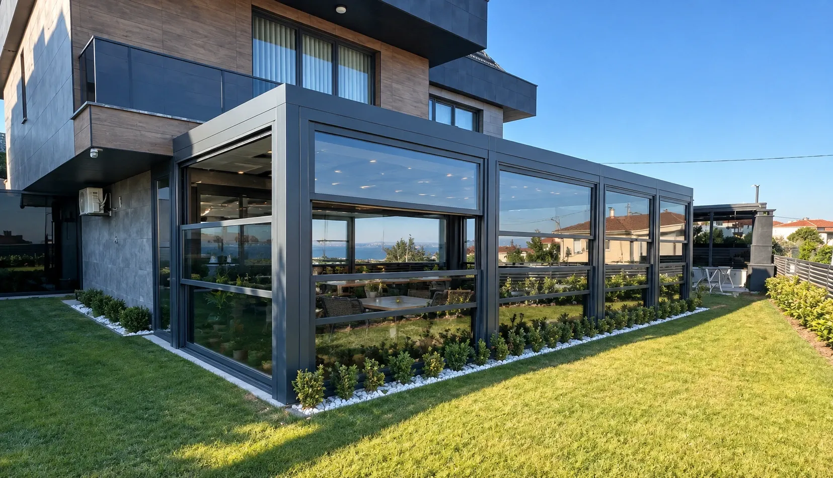 Giyotin cam sistemi, bahçeli modern villanın köşe camlı eklentisinde üst panelin yukarı kaldırılıp altında açık bir boşluk bıraktığı, gün ışığında dış mekândan görünüm