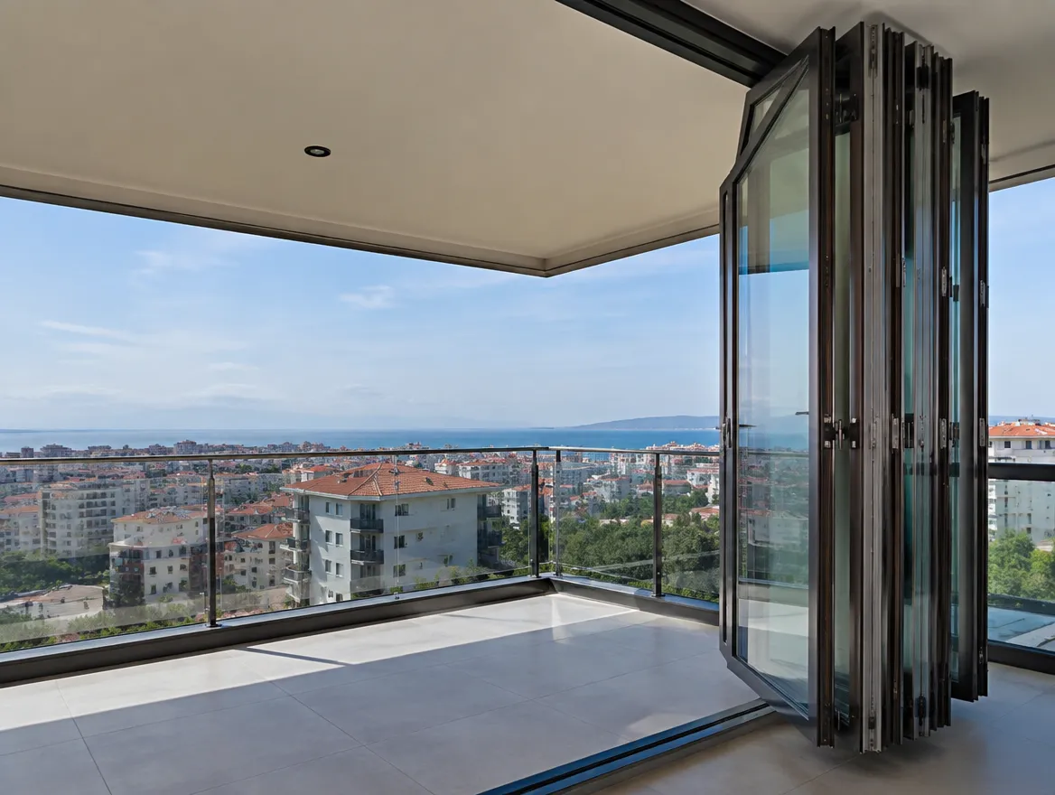 Katlanır cam balkon sistemi, panellerin köşede katlanarak toplandığı balkon uygulaması