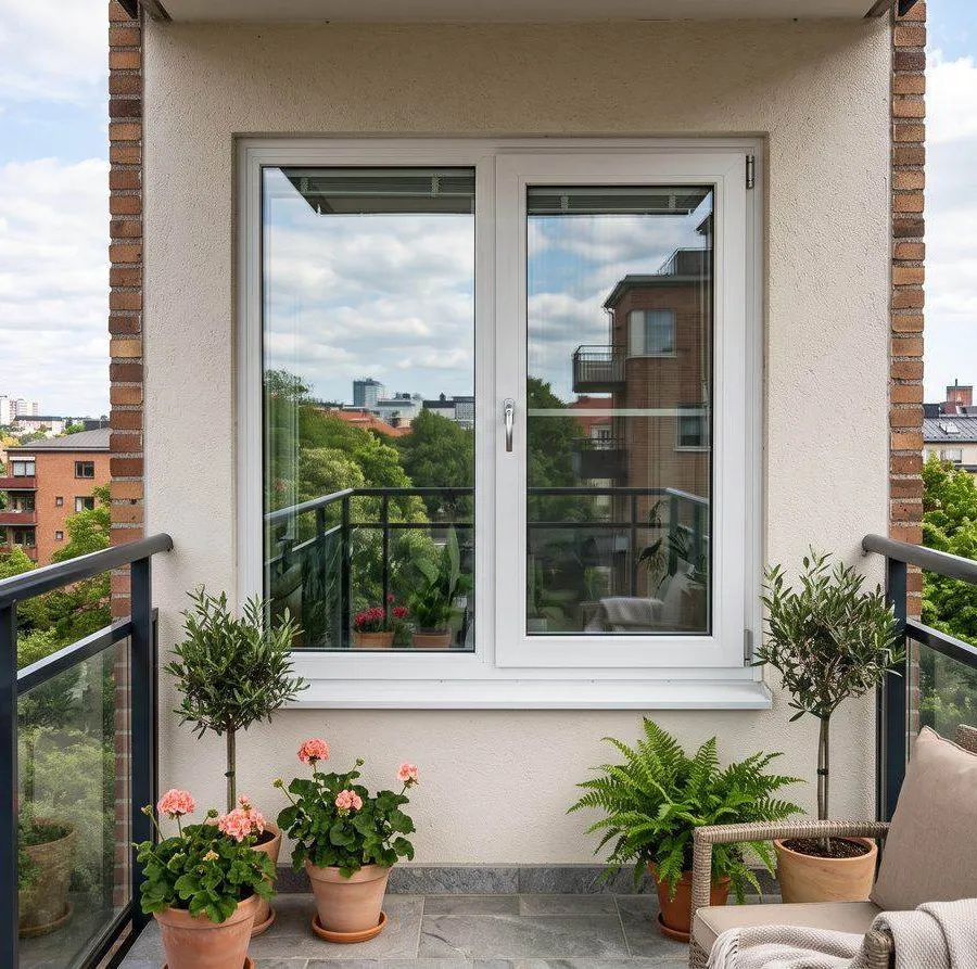 PVC pencere doğrama profili yakın plan detayı, saksı ve çiçeklik ile balkon uygulaması
