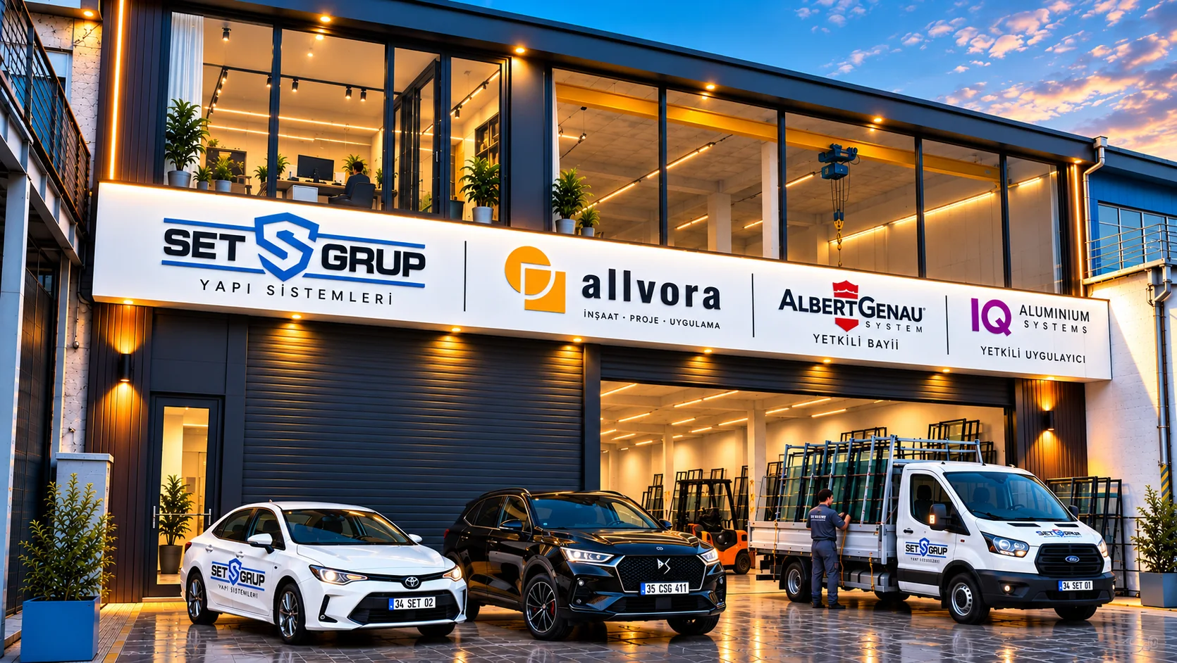 SETGRUP Yapı Sistemleri mağaza cephesi: Albert Genau yetkili bayii ve IQ Aluminium yetkili uygulayıcı tabelaları, cam yüklü servis aracı