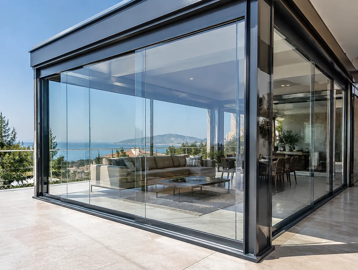 Sürme cam balkon sistemi, panellerin yatay ray üzerinde hareket ettiği köşe uygulaması, deniz manzaralı teras